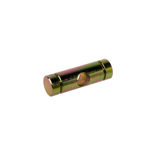 A single metal pivot deck lift part for a lawn mower.