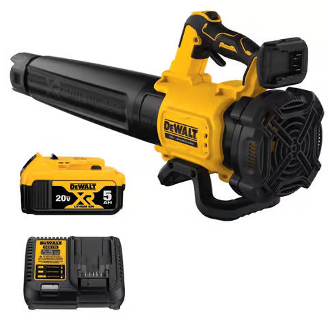 DeWalt leaf blower with one battery on a white background