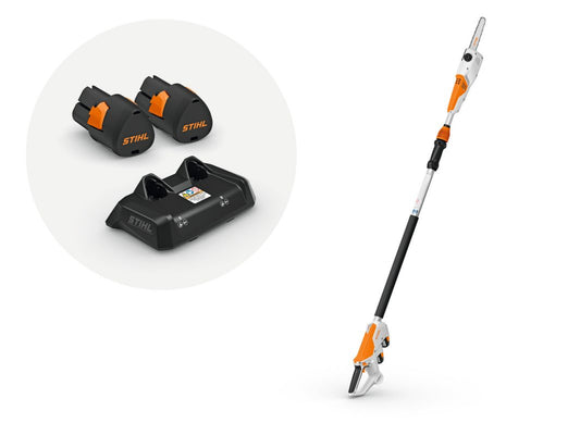 STIHL HTA 30 battery powered pole pruner kit with two AS 2 batteries AL 5-2 quick charger and 8 inch bar